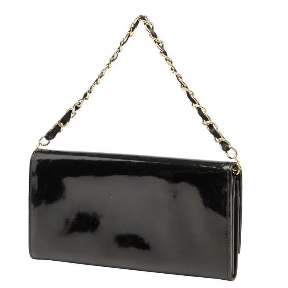 Dior Patent Leather Logo Chain Long Wallet Black